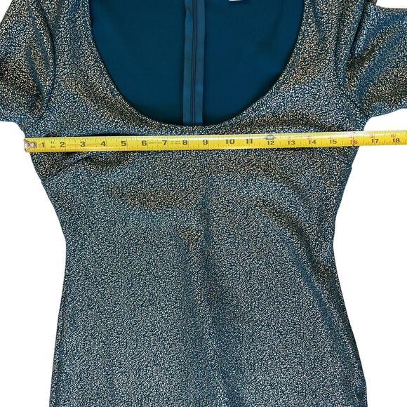 Venus Party Dress Medium Teal & Metallic Gold Asymmetrical Flare Sleeve Holiday - Picture 11 of 16